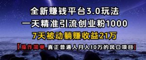 全新赚钱平台3.0玩法一天精准引流创业粉1000.7天被动躺Z收益21W【仅揭秘】-游客之家