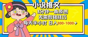 小说推文6.0，简单无脑，3分钟一个原创作品，每天半小时，日入300-1000...-游客之家