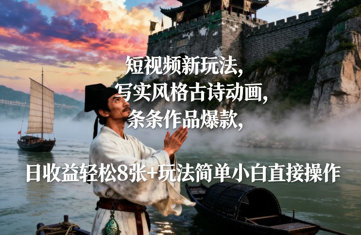 短视频新玩法，写实风格古诗动画，条条作品爆款，日收益轻松8张+玩法简单小白直接操作-游客之家