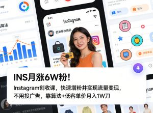 INS月涨6W粉!Instagram创收课,快速增粉并实现流量变现,不用用投广告,靠算法+低客单价月入1W刀-游客之家