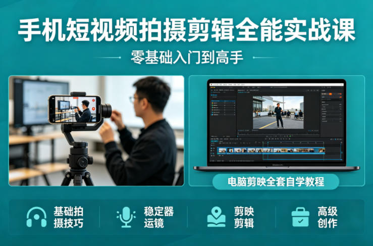 手机短视频拍摄剪辑全能实战课:零基础入门到高手,稳定器运镜+电脑剪映全套自学教程-游客之家