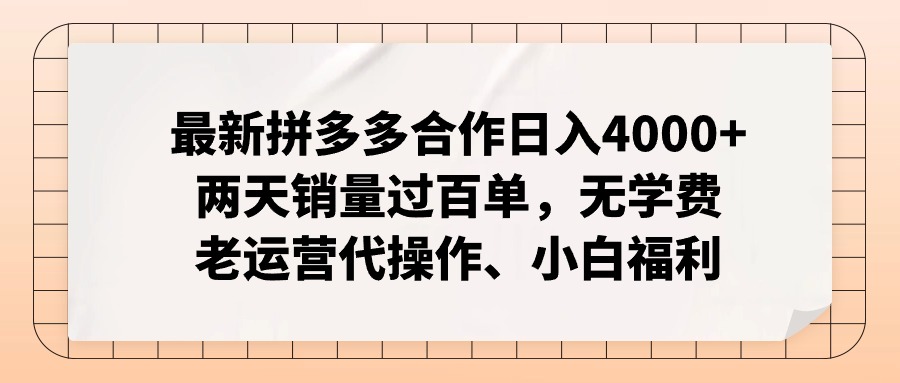 拼多多最新合作日入4000+两天销量过百单，无学费、老运营代操作、小白福利-游客之家