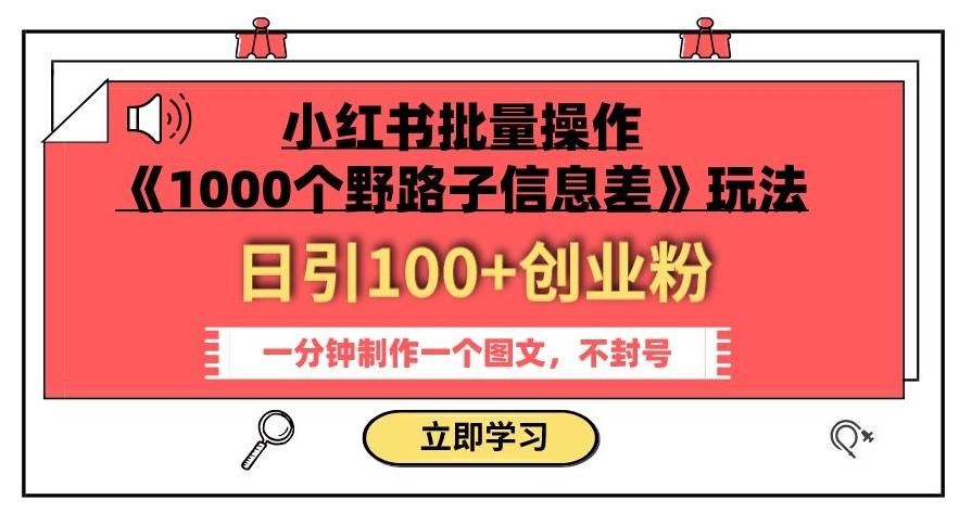 小红书批量操作《1000个野路子信息差》玩法，一分钟制作一个图文，不封号，日引100+创业粉-游客之家