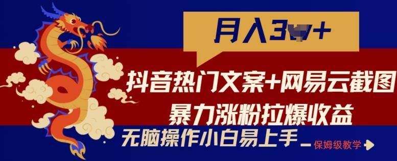 抖音热门文案+网易云截图暴力涨粉拉爆收益玩法，小白无脑操作，简单易上手【揭秘】-游客之家