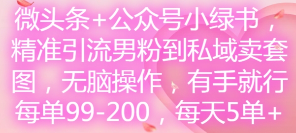 微头条+公众号小绿书，精准引流男粉到私域卖套图，无脑操作，有手就行，每单99-200，每天5单-游客之家